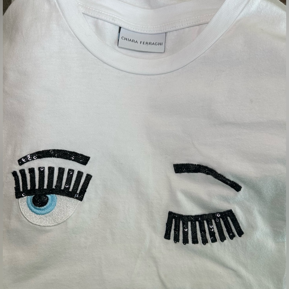 Chiara Ferragni Flirting‎ Eyes sequin eye eyelashes tee shirt black white blue S - Picture 6 of 13